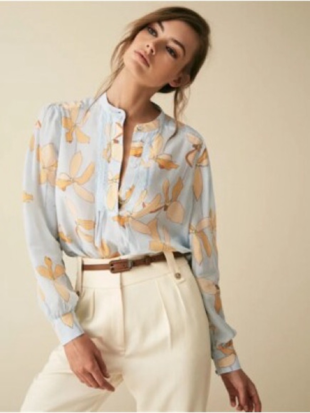 Reiss "Phoenix" Light Blue Long Sleeve Reef Print Blouse US 2